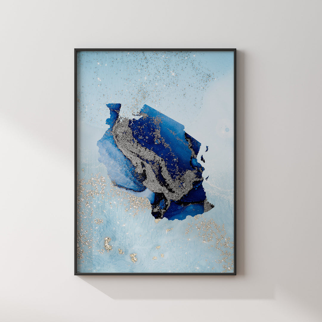 Tanzania Map Shades of Blue & Silver Wall Art Print