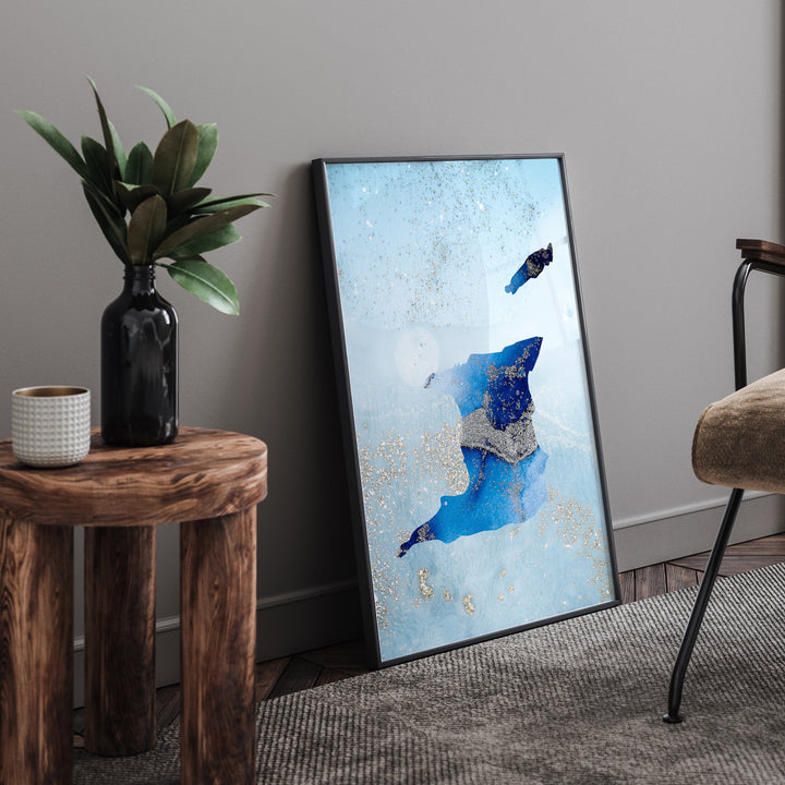 Trinidad and Tobago Map Shades of Blue & Silver Wall Art Print