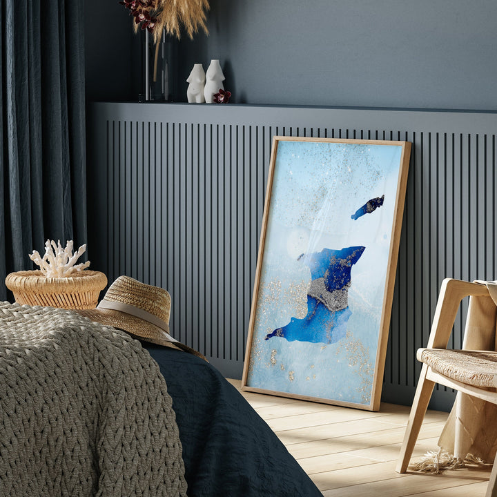 Trinidad and Tobago Map Shades of Blue & Silver Wall Art Print