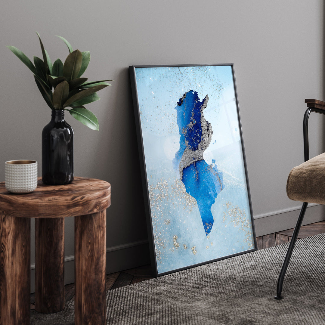 Tunisia Map Shades of Blue & Silver Wall Art Print