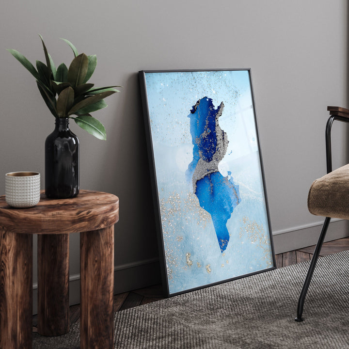 Tunisia Map Shades of Blue & Silver Wall Art Print