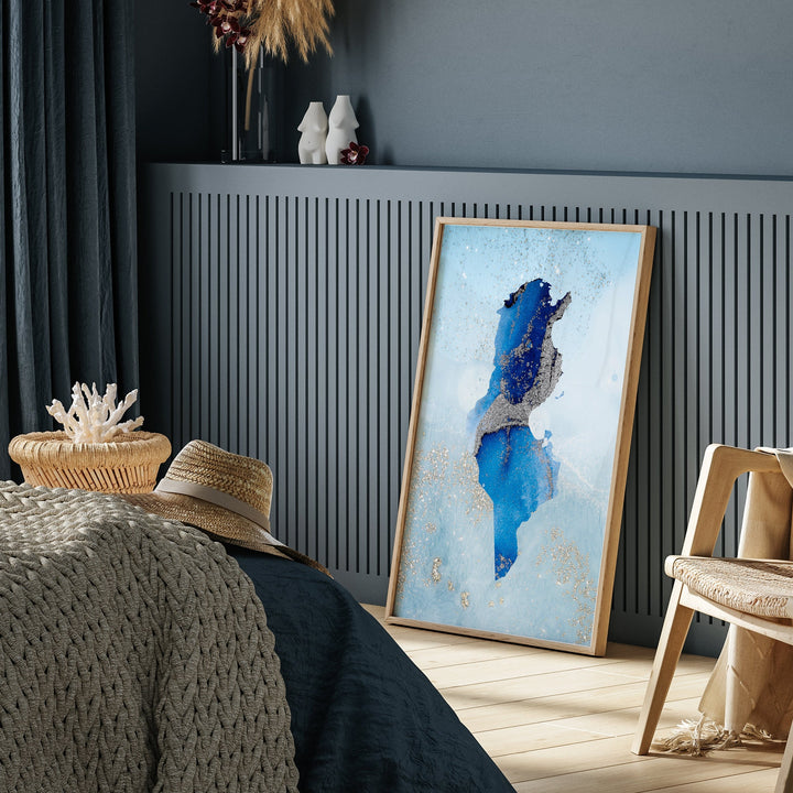 Tunisia Map Shades of Blue & Silver Wall Art Print