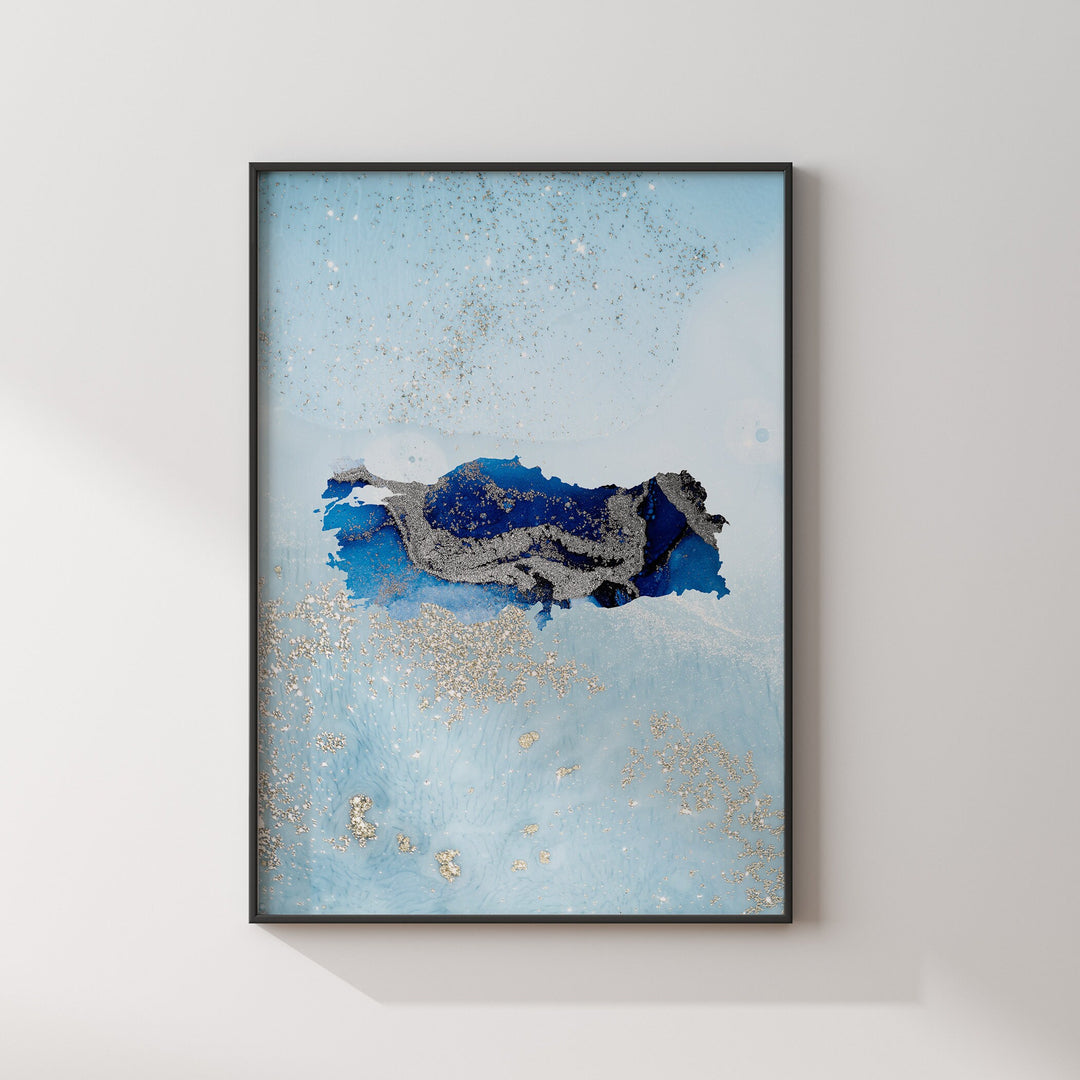 Turkey Map Shades of Blue & Silver Wall Art Print