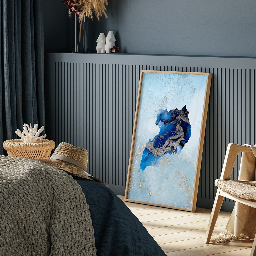 Uganda Map Shades of Blue & Silver Wall Art Print