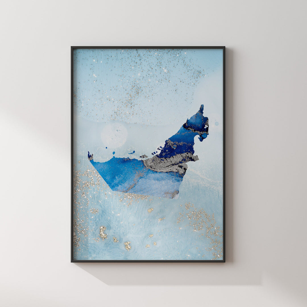 United Arab Emirates Map Shades of Blue & Silver Wall Art Print