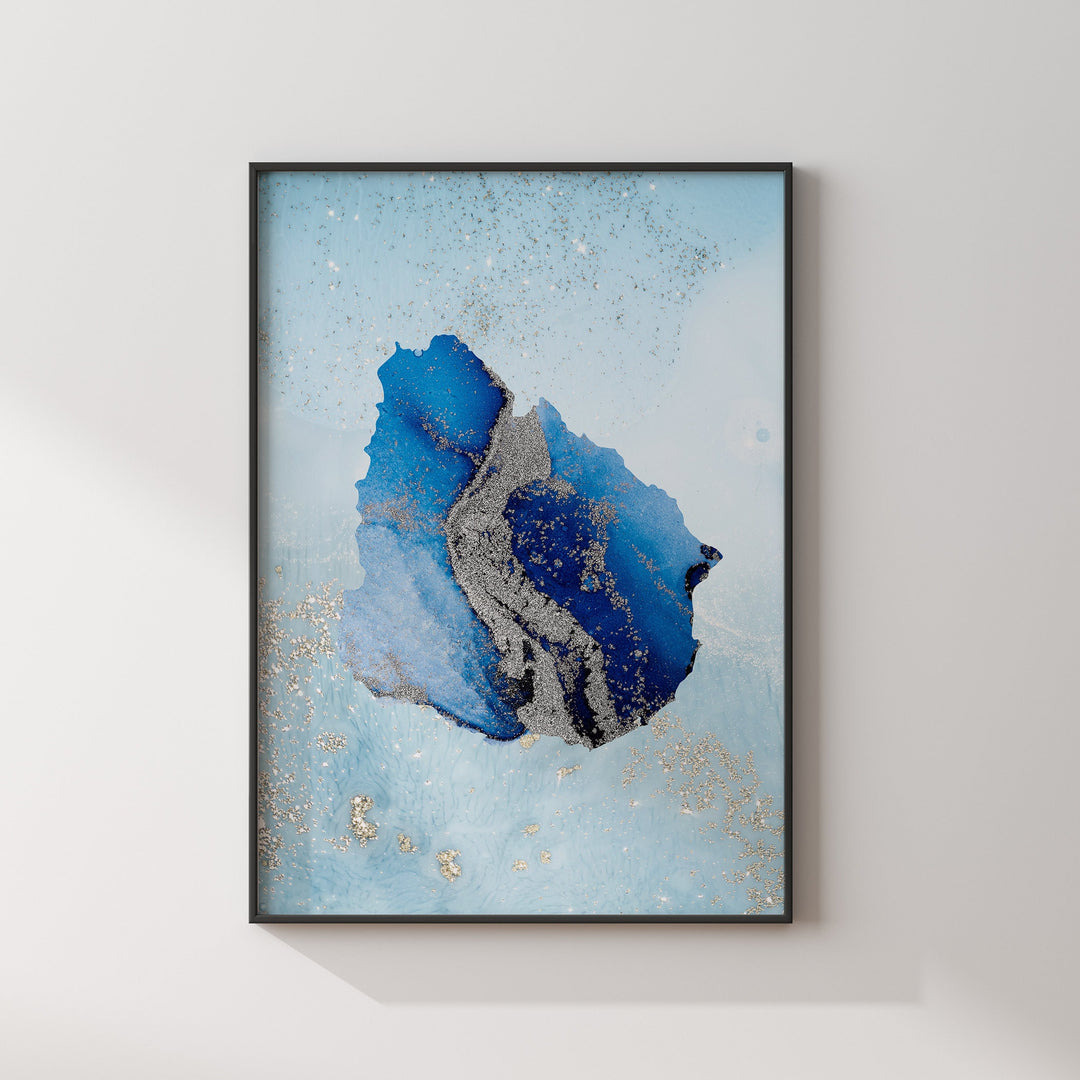 Uruguay Map Shades of Blue & Silver Wall Art Print