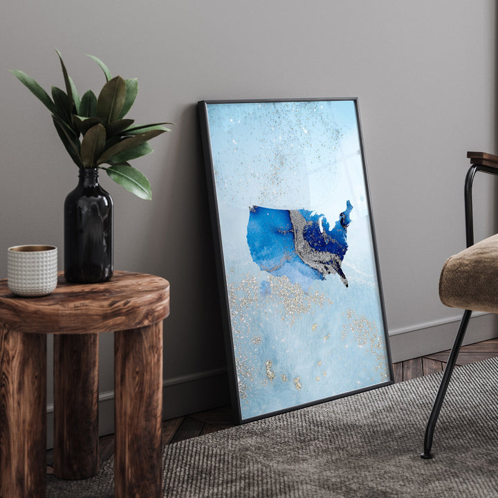 United States of America Map Shades of Blue & Silver Wall Art Print | USA