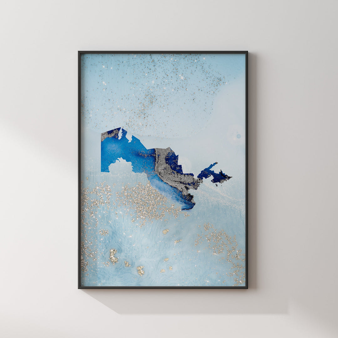Uzbekistan Map Shades of Blue & Silver Wall Art Print