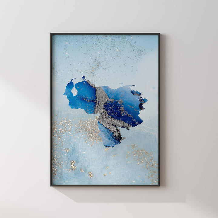 Venezuela Map Shades of Blue & Silver Wall Art Print