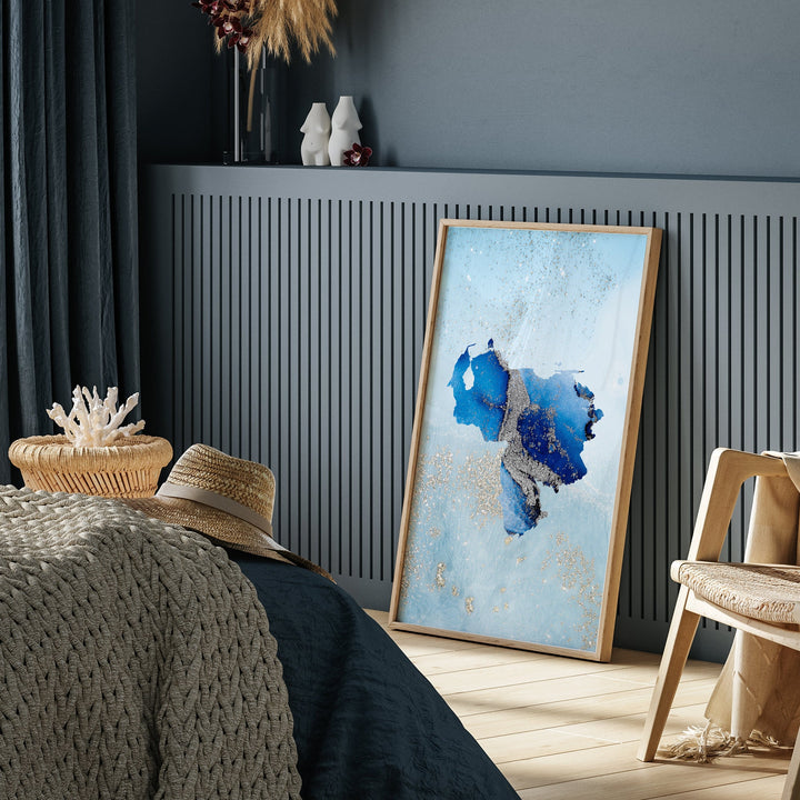 Venezuela Map Shades of Blue & Silver Wall Art Print