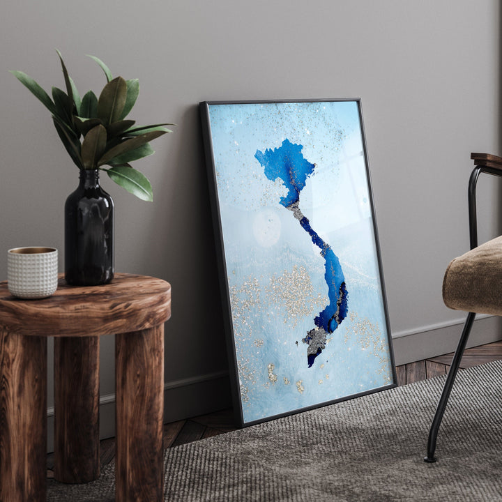 Vietnam Map Shades of Blue & Silver Wall Art Print