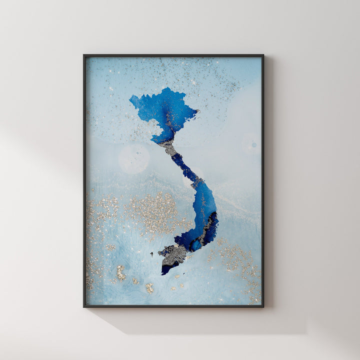 Vietnam Map Shades of Blue & Silver Wall Art Print
