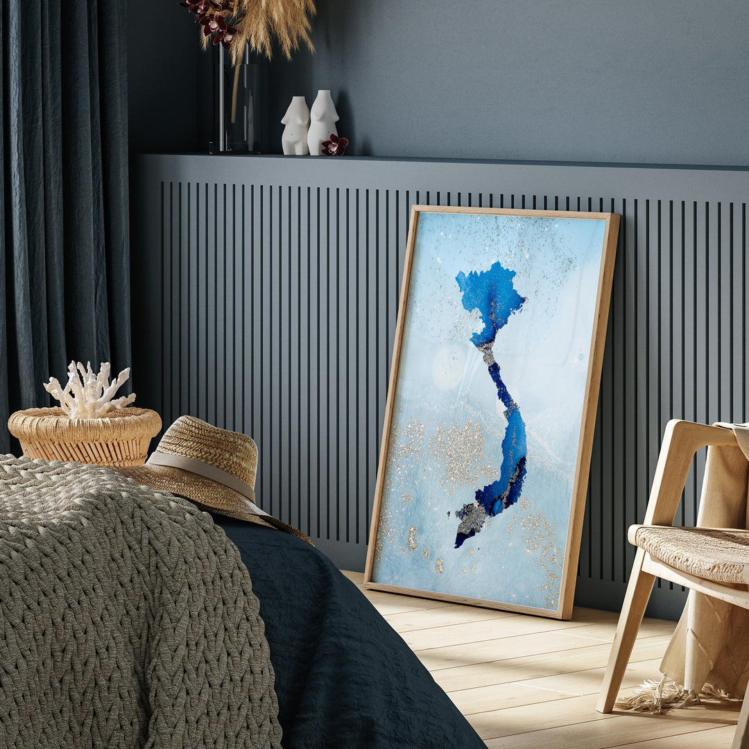 Vietnam Map Shades of Blue & Silver Wall Art Print