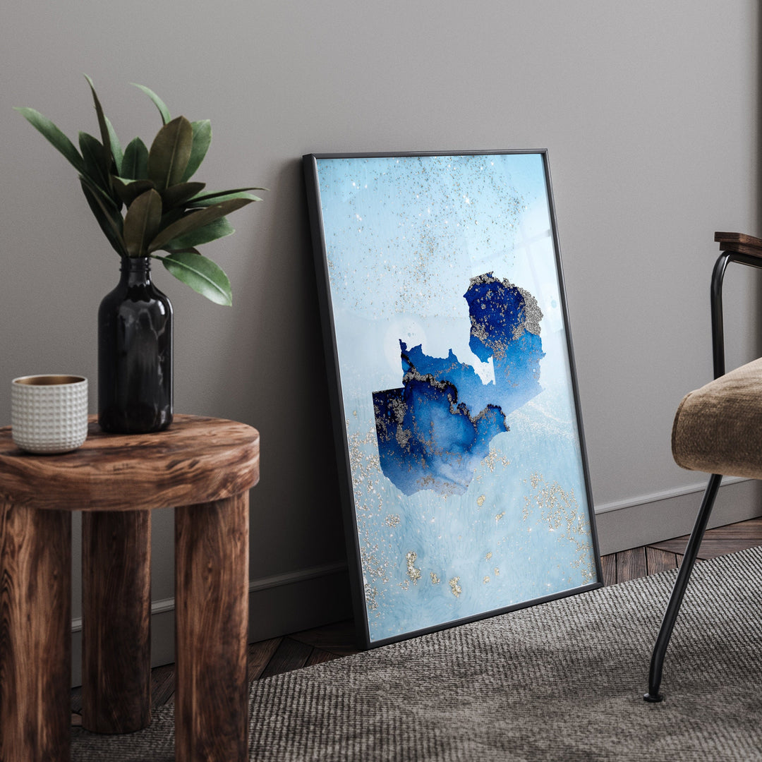 Zambia Map Shades of Blue & Silver Wall Art Print