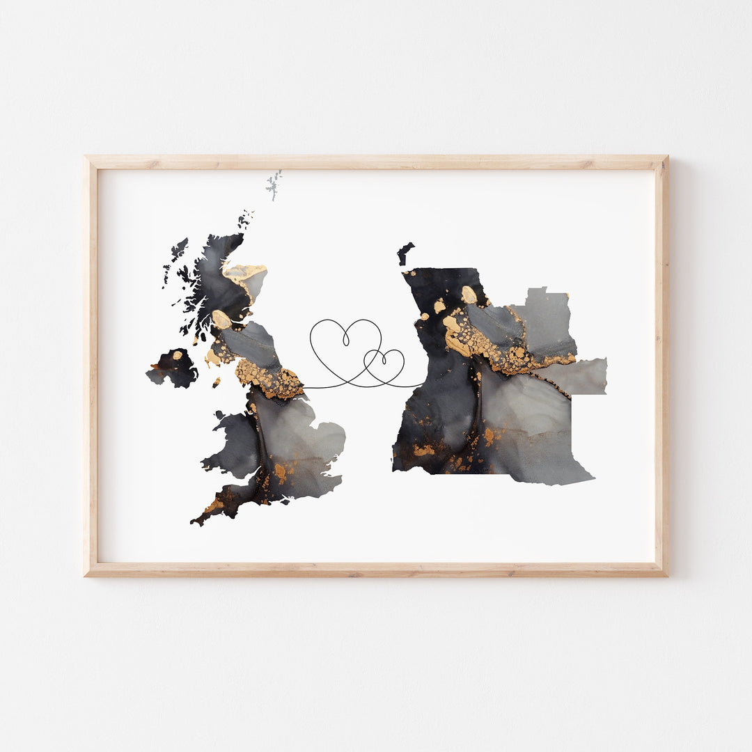 Britain and Angola Map Black & Gold Travel Wall Art Print | United Kingdom | UK