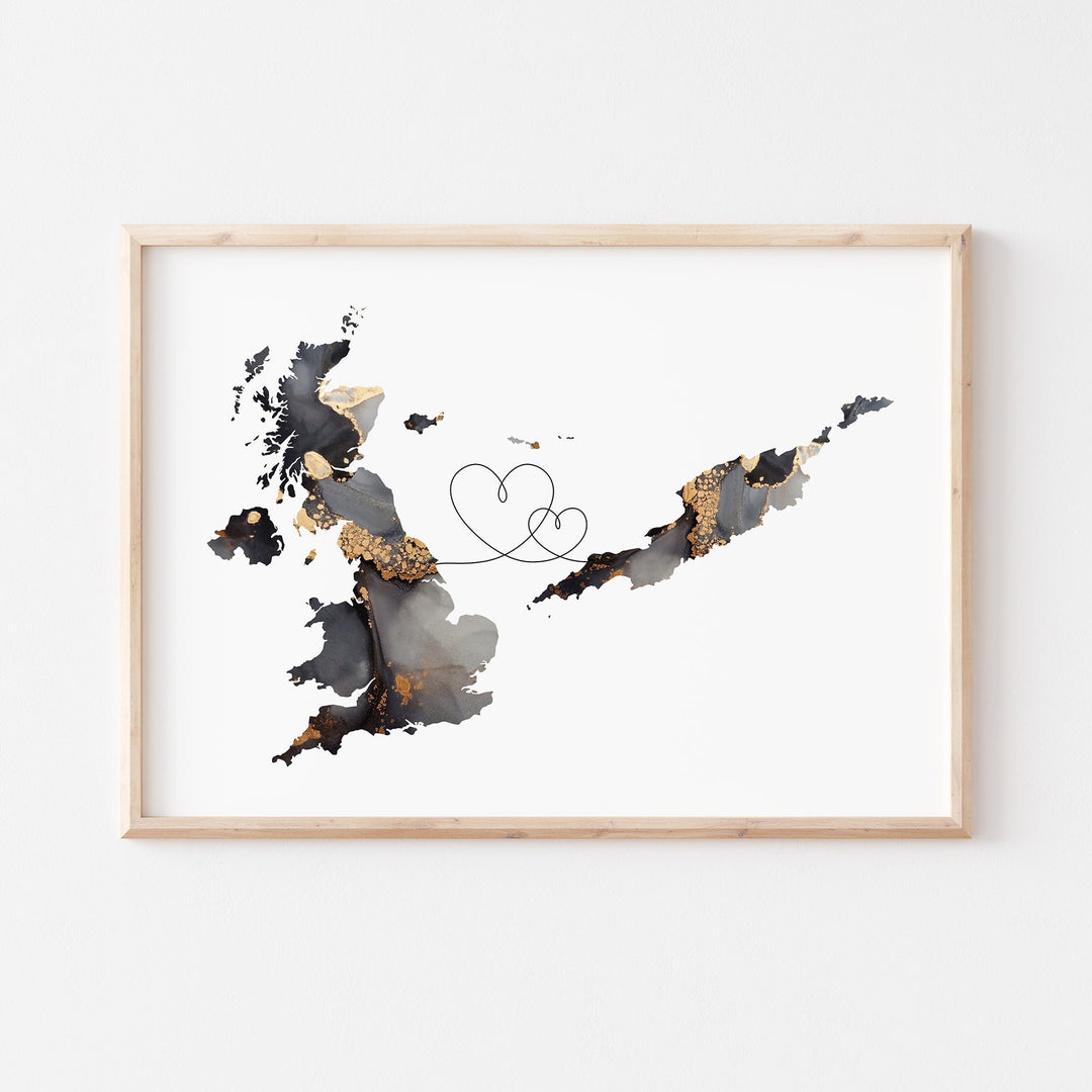 Britain and Anguilla Map Black & Gold Travel Wall Art Print | United Kingdom | UK