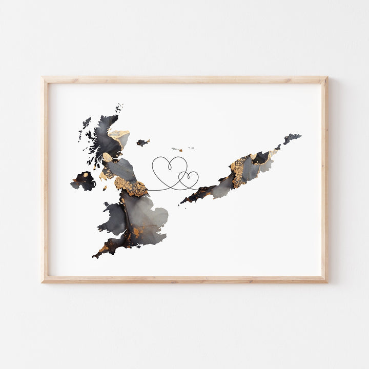 Britain and Anguilla Map Black & Gold Travel Wall Art Print | United Kingdom | UK
