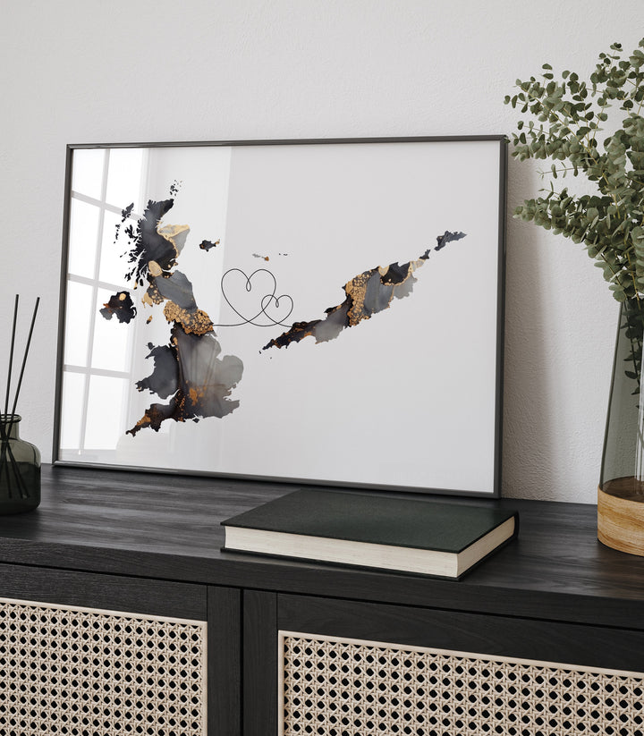 Britain and Anguilla Map Black & Gold Travel Wall Art Print | United Kingdom | UK