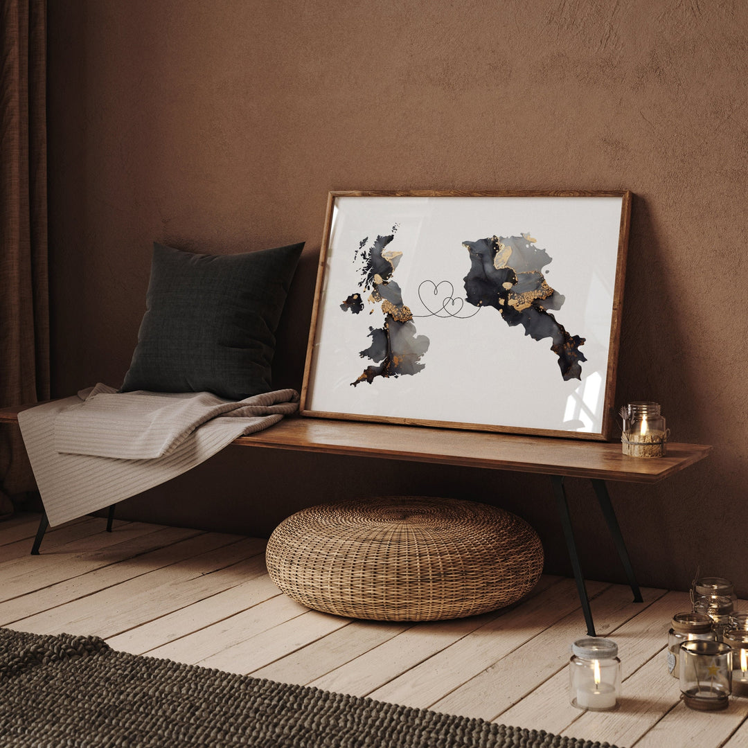 Britain and Armenia Map Black & Gold Travel Wall Art Print | United Kingdom | UK