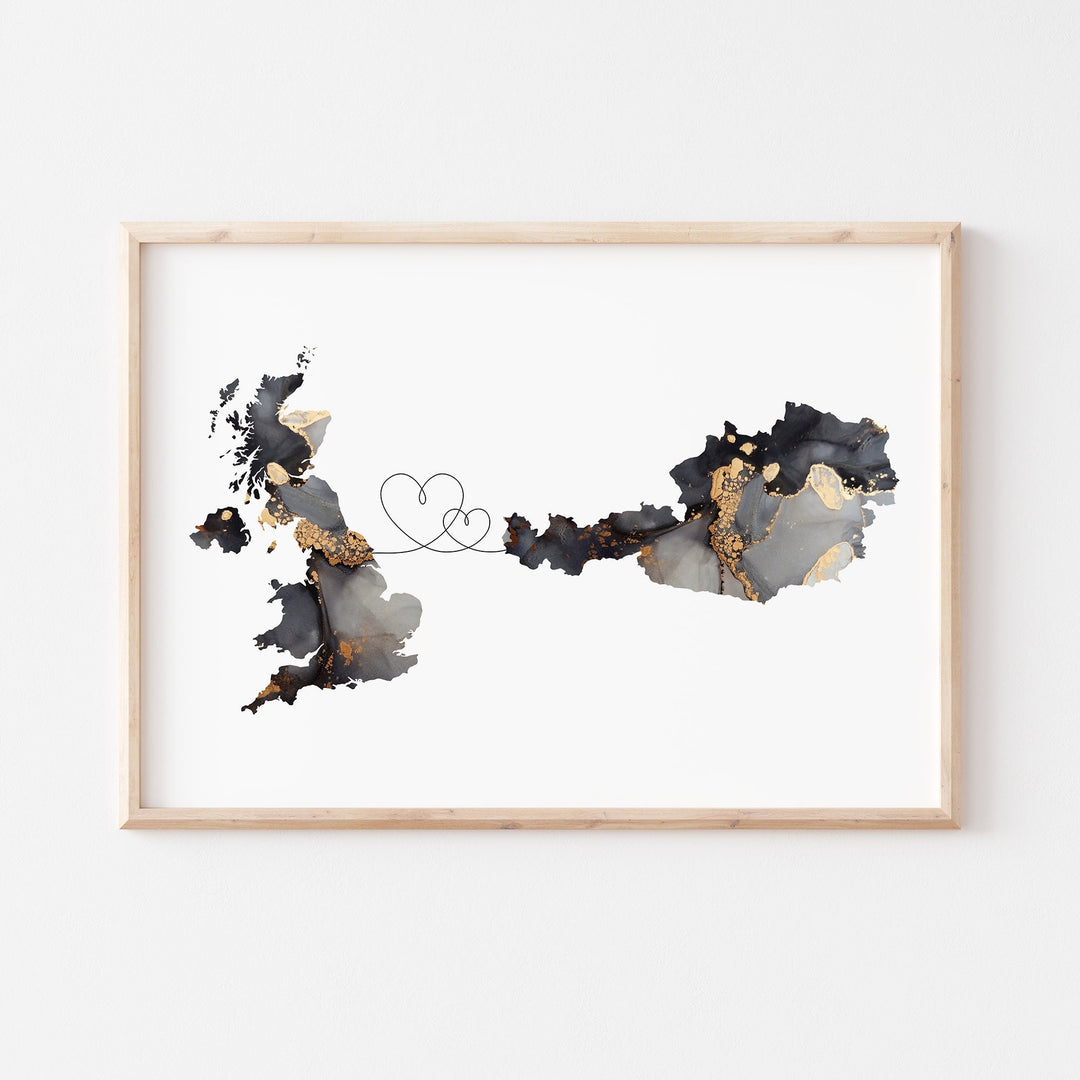 Britain and Austria Map Black & Gold Travel Wall Art Print | United Kingdom | UK