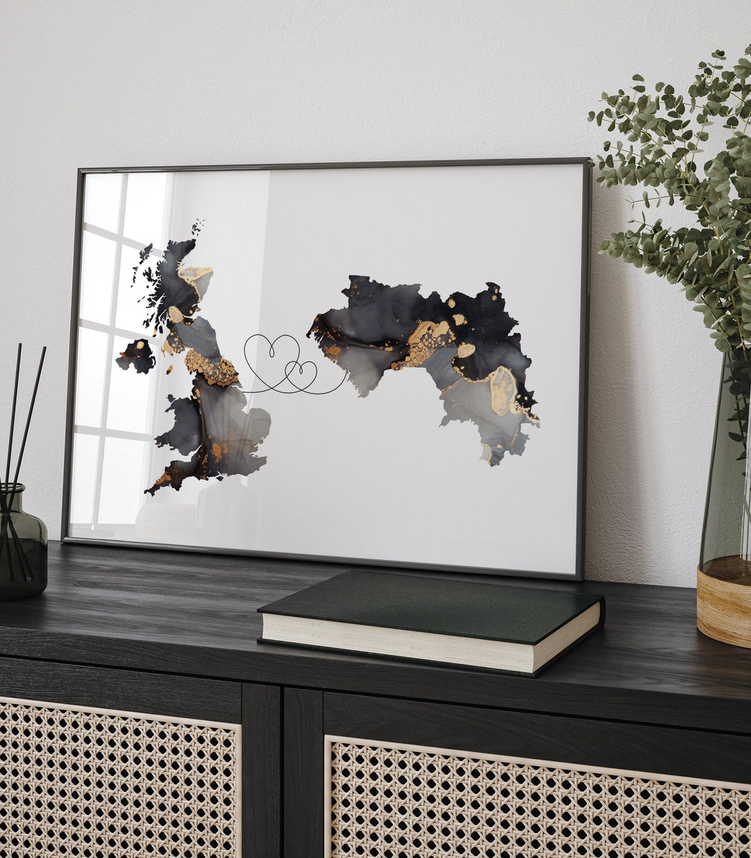 Britain and Guinea Map Black & Gold Travel Wall Art Print | United Kingdom | UK