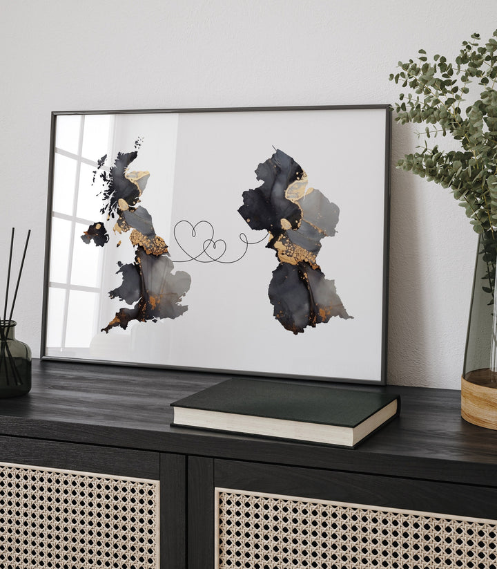 Britain and Guyana Map Black & Gold Travel Wall Art Print | United Kingdom | UK