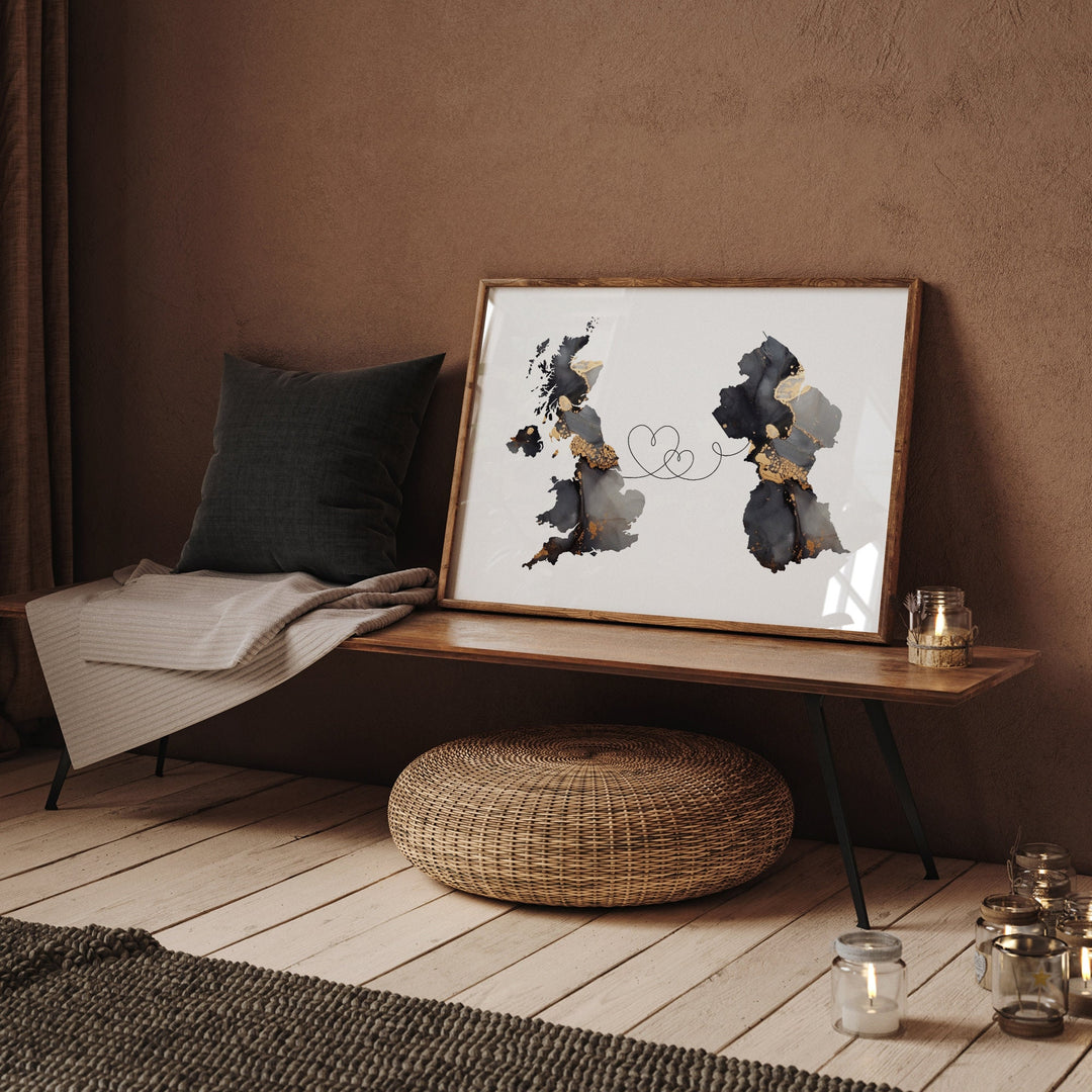 Britain and Guyana Map Black & Gold Travel Wall Art Print | United Kingdom | UK