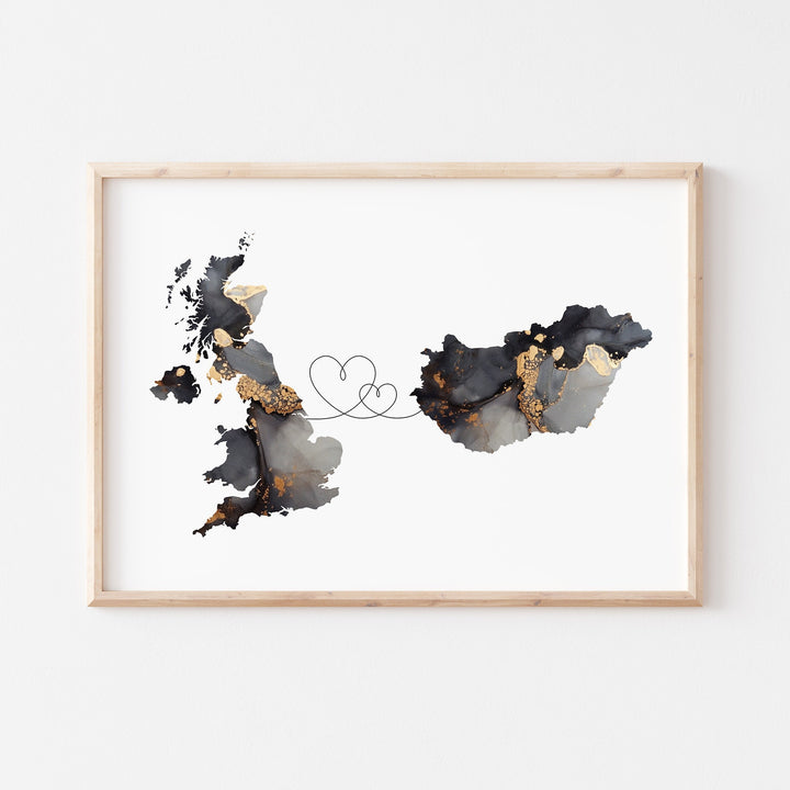 Britain and Hungary Map Black & Gold Travel Wall Art Print | United Kingdom | UK