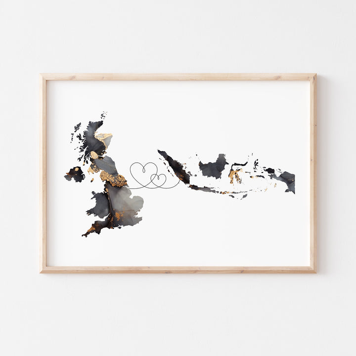 Britain and Indonesia Map Black & Gold Travel Wall Art Print | United Kingdom | UK
