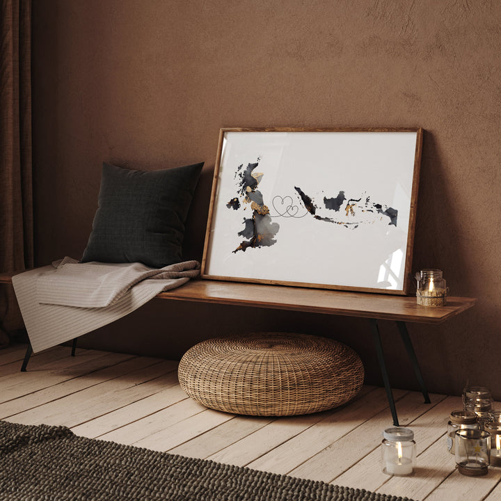 Britain and Indonesia Map Black & Gold Travel Wall Art Print | United Kingdom | UK