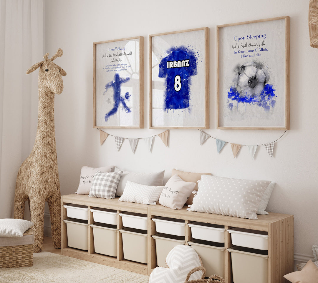 Set of 3 Personalised Childrens Islamic Wall Art Prints in Blue & White Football Theme Morning Dua Sleeping Dua