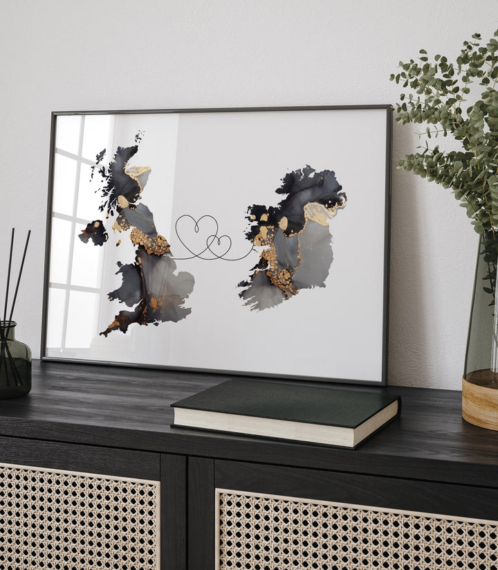 Britain and Ireland Map Black & Gold Travel Wall Art Print | United Kingdom | UK