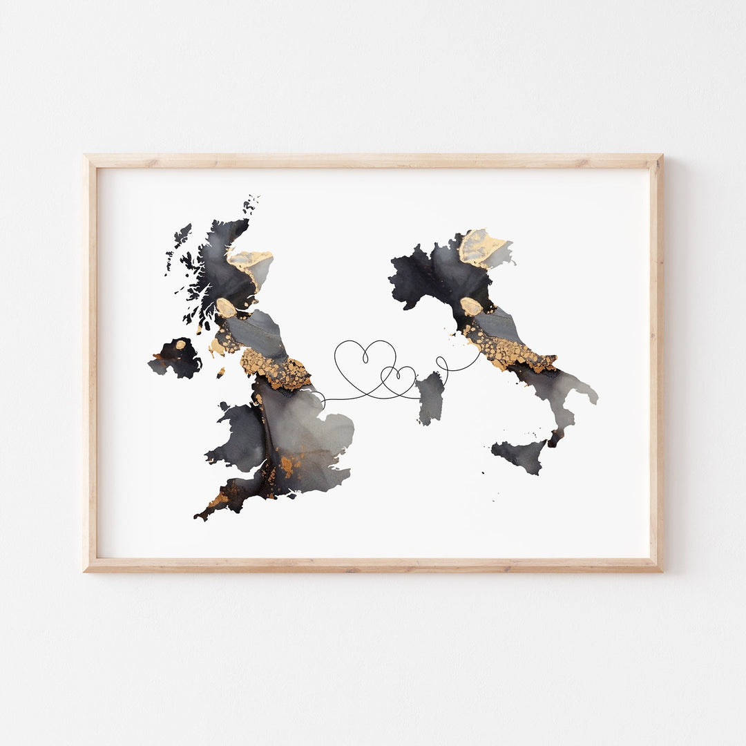 Britain and Italy Map Black & Gold Travel Wall Art Print | United Kingdom | UK