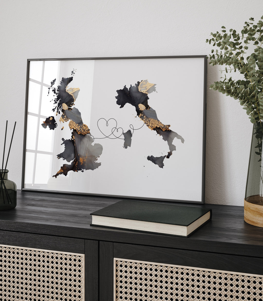 Britain and Italy Map Black & Gold Travel Wall Art Print | United Kingdom | UK