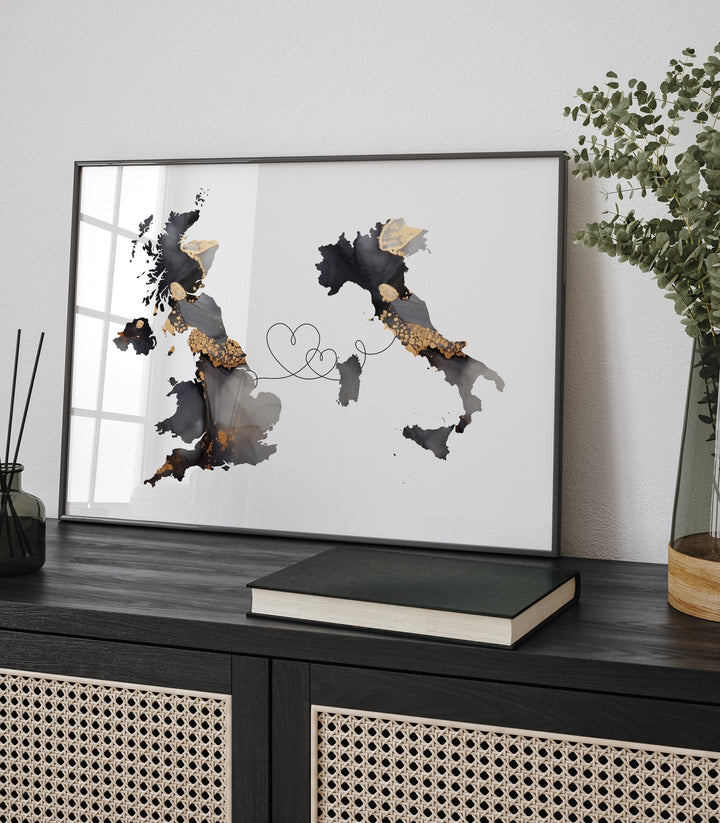 Britain and Italy Map Black & Gold Travel Wall Art Print | United Kingdom | UK
