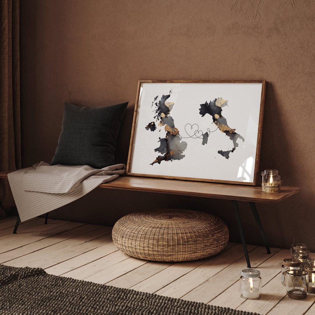 Britain and Italy Map Black & Gold Travel Wall Art Print | United Kingdom | UK