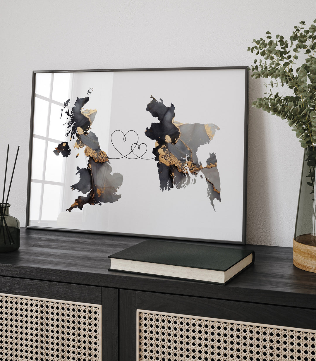 Britain and Bangladesh Map Black & Gold Travel Wall Art Print | United Kingdom | UK