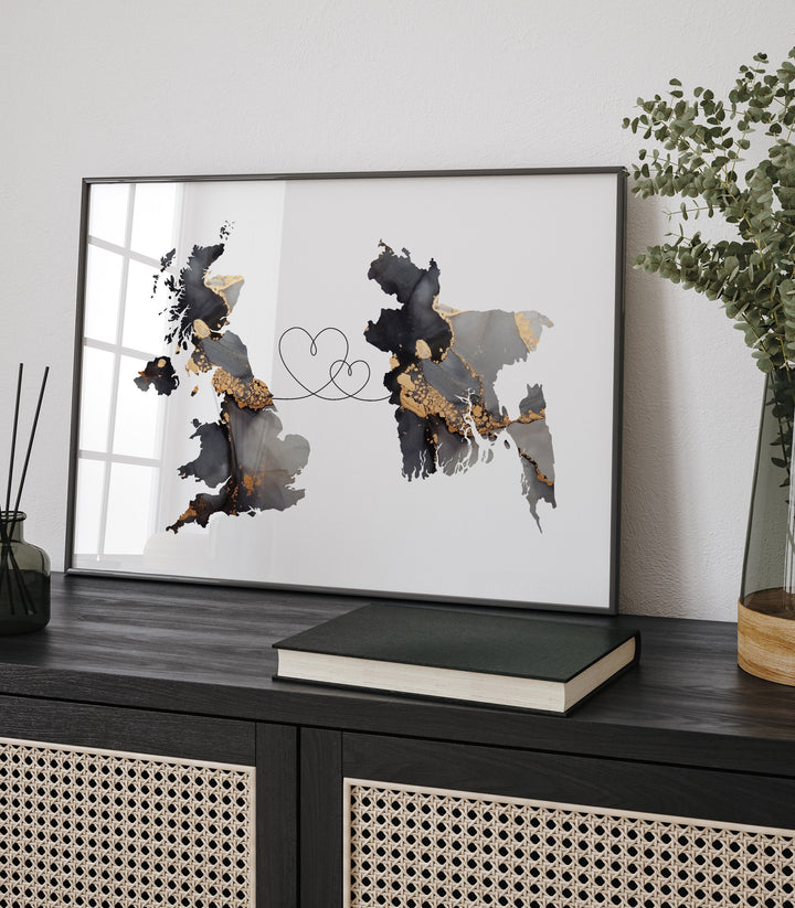 Britain and Bangladesh Map Black & Gold Travel Wall Art Print | United Kingdom | UK