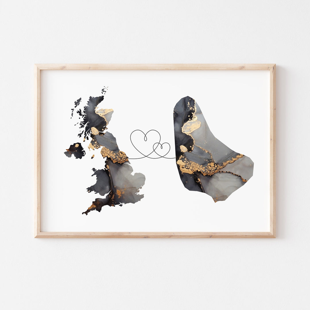 Britain and Barbados Map Black & Gold Travel Wall Art Print | United Kingdom | UK