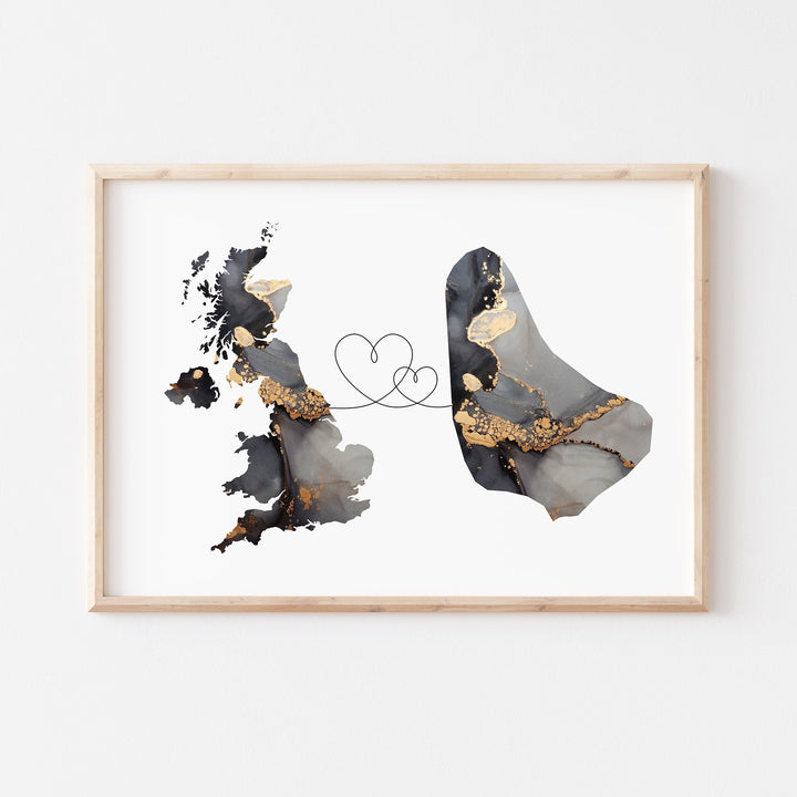 Britain and Barbados Map Black & Gold Travel Wall Art Print | United Kingdom | UK