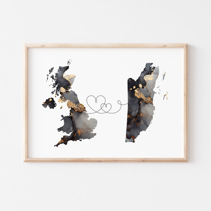 Britain and Belize Map Black & Gold Travel Wall Art Print | United Kingdom | UK