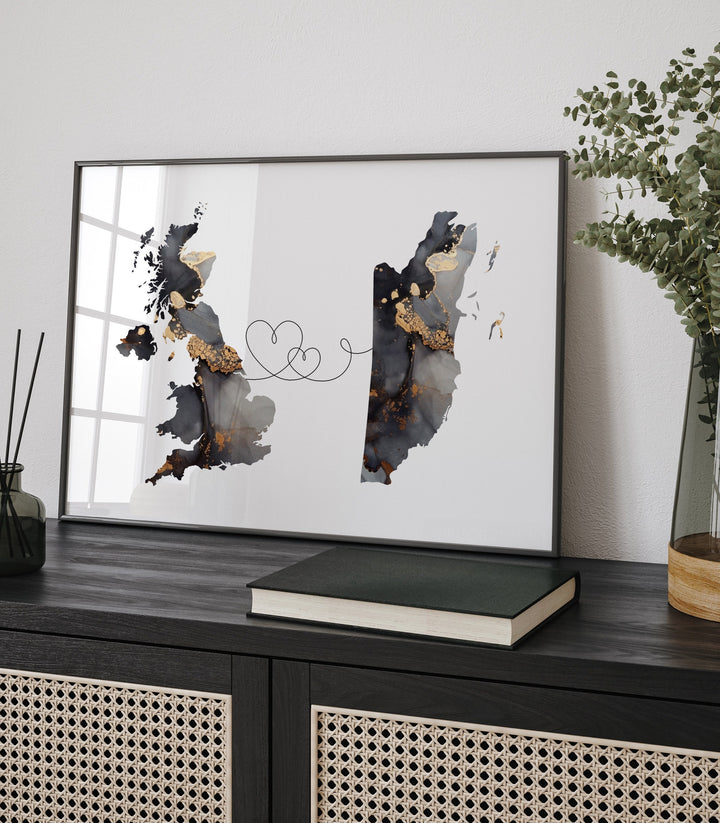 Britain and Belize Map Black & Gold Travel Wall Art Print | United Kingdom | UK