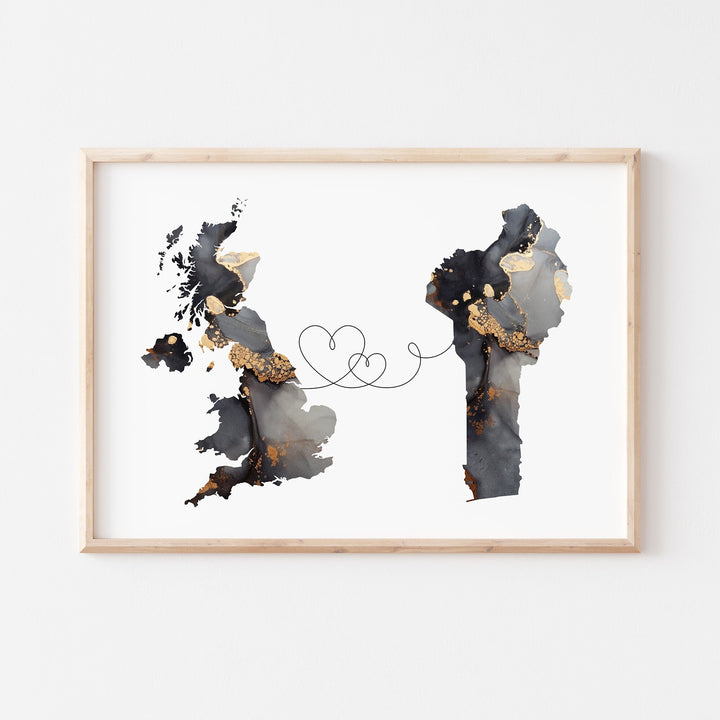 Britain and Benin Map Black & Gold Travel Wall Art Print | United Kingdom | UK