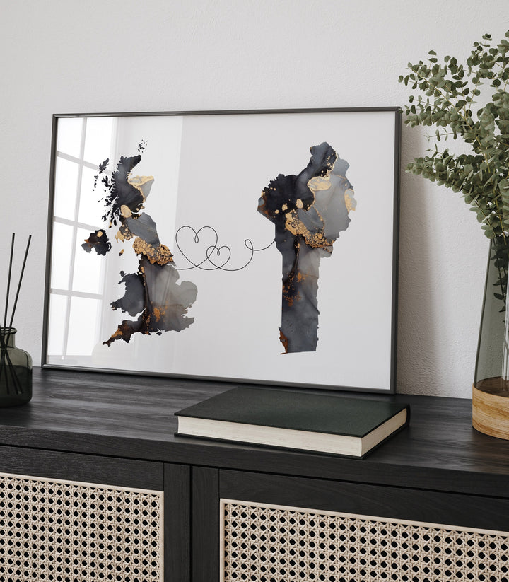 Britain and Benin Map Black & Gold Travel Wall Art Print | United Kingdom | UK