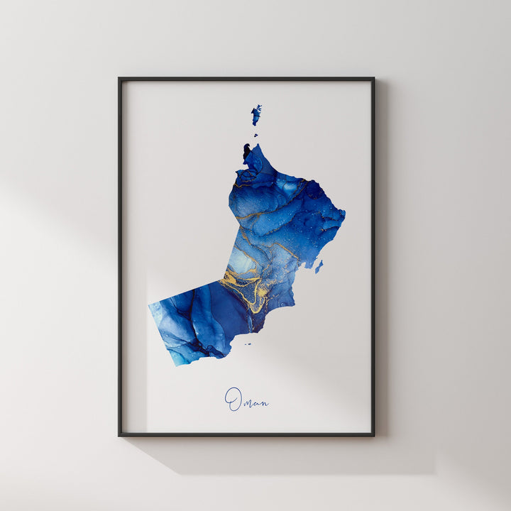 Oman Map Blue and Gold Wall Art Print