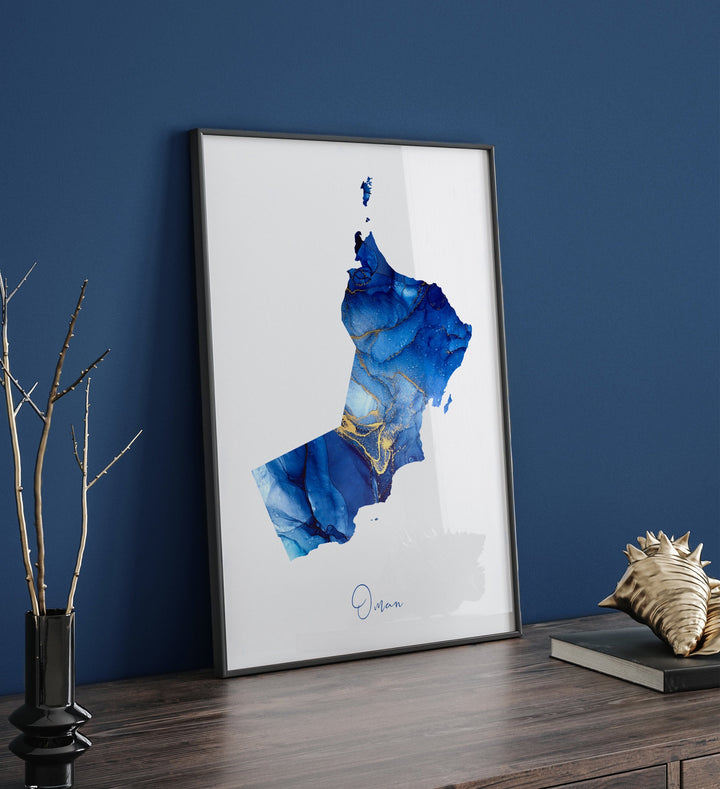 Oman Map Blue and Gold Wall Art Print