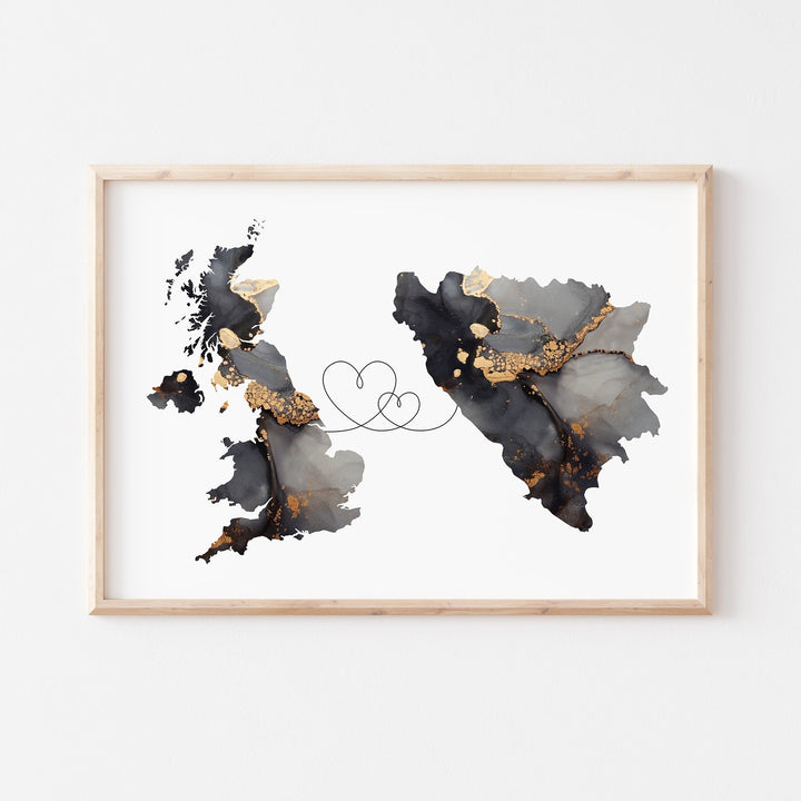 Britain and Bosnia and Herzegovina Map Black & Gold Travel Wall Art Print | United Kingdom | UK