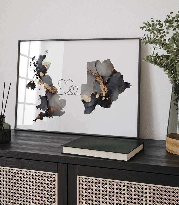 Britain and Botswana Map Black & Gold Travel Wall Art Print | United Kingdom | UK