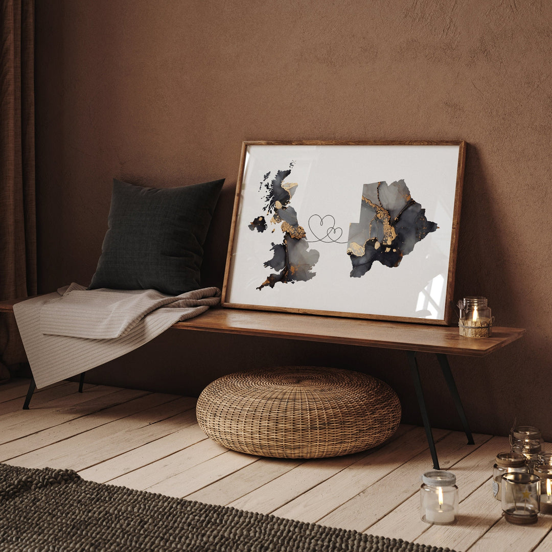 Britain and Botswana Map Black & Gold Travel Wall Art Print | United Kingdom | UK