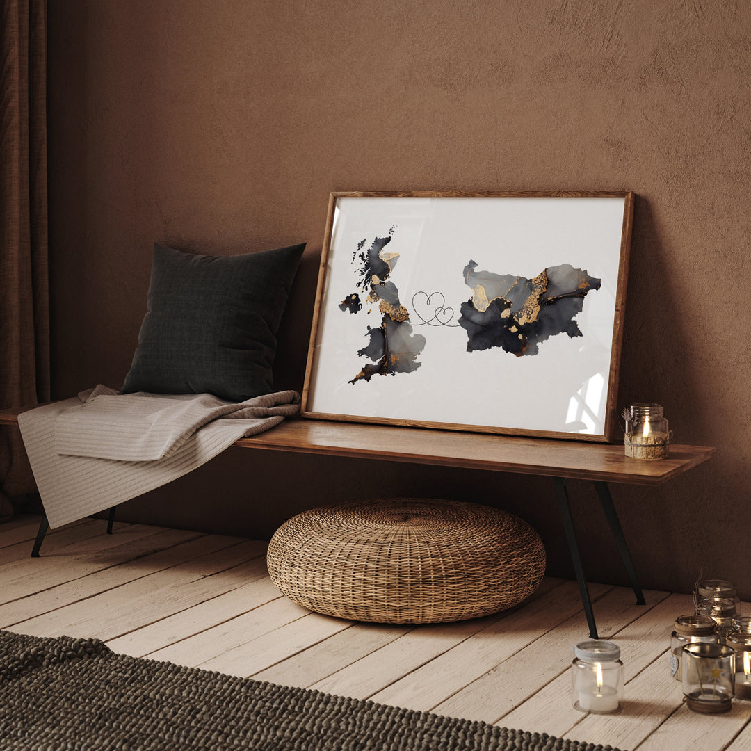 Britain and Bulgaria Map Black & Gold Travel Wall Art Print | United Kingdom | UK